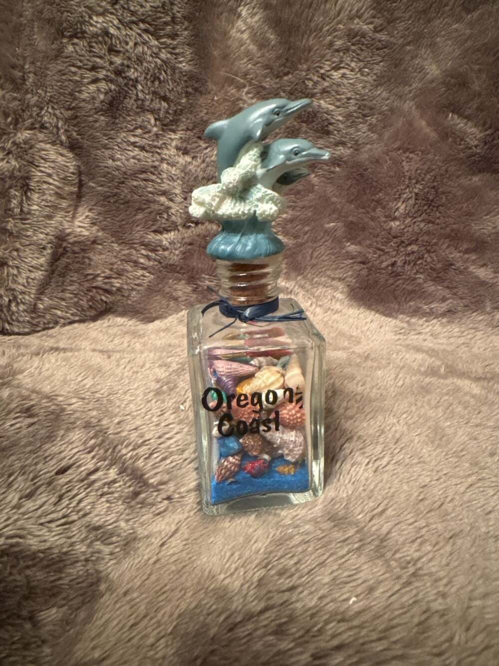 Oregon Coast Souvenir Glass Bottle Sand Seashells Dolphin Cork Stopper
